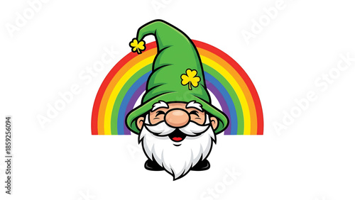 A cartoon leprechaun wearing a green hat with a shamrock, smiling beneath a colorful rainbow arch. It has a long white beard