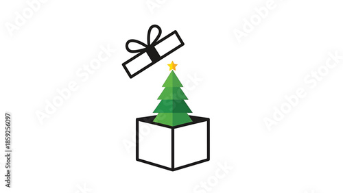 A cartoon-style illustration features a gift box opening to reveal a small evergreen tree topped with a golden star, set against a white background
