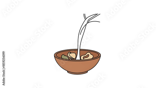A cartoon illustration shows a bowl of food being filled with a white liquid, likely milk. The bowl is brown, and has food items