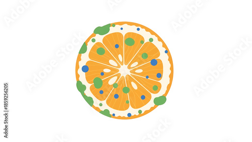 A cartoon illustration shows a half orange slice with a white rind, orange flesh, and green and blue spots. A graphic depiction