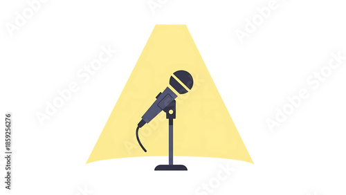 A cartoon microphone, depicted in a spotlight, with a wire leading downward and a stand. Background is white