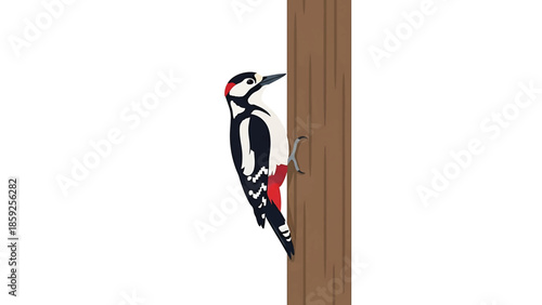 A cartoon woodpecker illustration, clinging to a tree trunk. It has black, white, and red markings. The tree has textured bark. Isolated