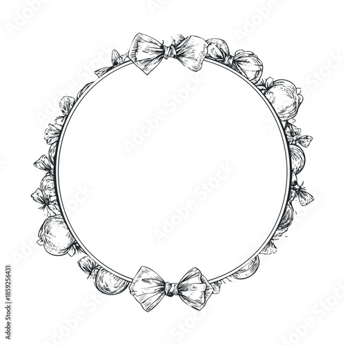 Elegant handdrawn circular frame decorated with charming bows and sweet wrapped treats providing a festive border for various celebratory occasions and graphic projects