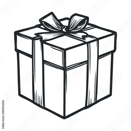 Stylized hand drawn gift box with a decorative bow on top, perfect for holiday greetings, birthday celebrations, or special occasion promotions and festive event invitations