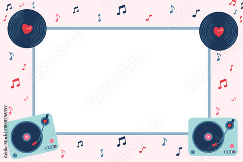 Retro vinyl record player frame with copy space. Musical background featuring turntable, discs, and notes. Vector flat design border for Valentine's Day greeting card or vintage music party.