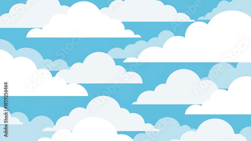 A cartoon-style illustration of a bright blue sky filled with fluffy white clouds, creating a whimsical and cheerful atmosphere
