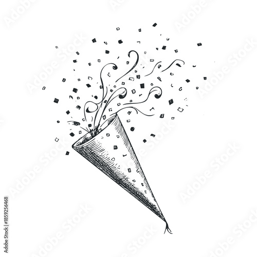 Hand drawn exploding party popper with swirling confetti and streamers bursting out for festive event promotions or celebration announcements
