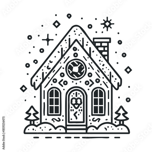Monochromatic gingerbread house decorated for winter holidays and Christmas season celebrations, perfect for festive greeting cards, party invitations, or seasonal decorations