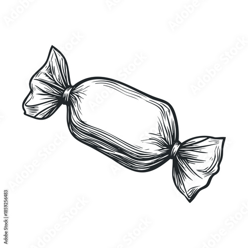 Delicious wrapped candy sweet snack drawing suitable for confectionery branding projects, dessert menu decorations, sweet shop merchandise, or classic vintage designs and holiday themes.