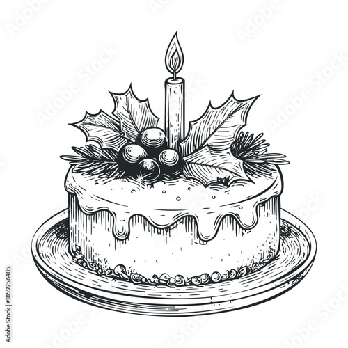 Festive Christmas cake decorated with holly leaves, red berries, and a single burning candle, perfect for holiday greetings and seasonal celebration advertisements