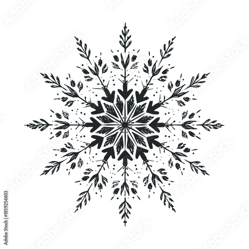 Monochrome stylized snowflake design with intricate botanical patterns and symmetrical radial form, perfect for winter holiday greeting cards, seasonal invitations, and decorative printing