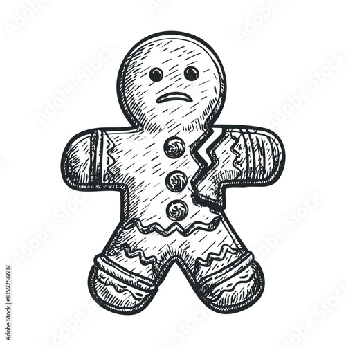 Hand drawn sketch of a sad and broken gingerbread man cookie perfect for holiday season bakery promotions or festive culinary event invitations