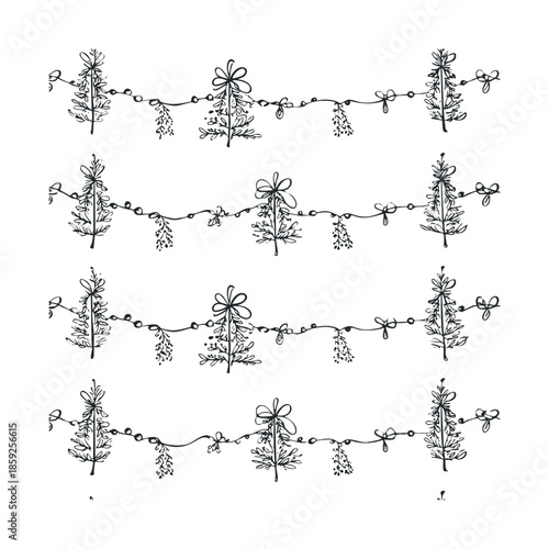 Hand drawn black and white Christmas holiday seasonal garland decorations with festive bows and tiny trees perfect for winter greeting invitations or event borders