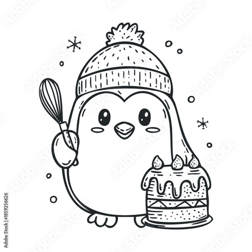 Charming winter penguin baker preparing a sweet strawberry cake while wearing a cozy knitted hat, ideal for seasonal events, culinary themes, and playful decor.