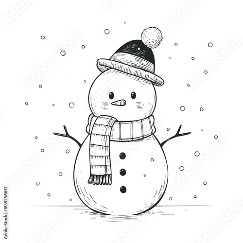 Cheerful snowman adorned with a striped scarf and a pompom hat surrounded by falling snowflakes, ideal for creating heartwarming winter holiday cards, festive decorations, and seasonal
