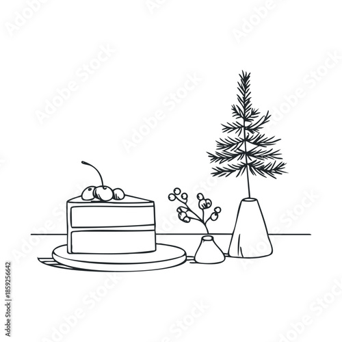 Festive handdrawn black line drawing depicting a delicious cake slice topped with cherries alongside decorative evergreen and berry branches, perfect for winter holiday cards and
