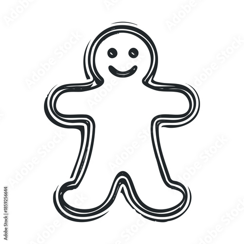 Hand drawn outline of a cheerful smiling gingerbread man figure in a charming doodle style perfect for holiday season decorations and sweet baking projects or recipe cards.