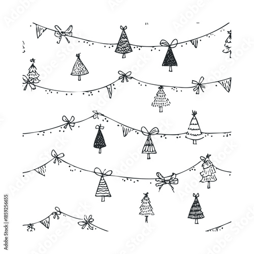 Hand drawn black and white Christmas trees and bunting garlands create a festive holiday decoration ideal for seasonal greetings, childrens party invitations, or winter celebration