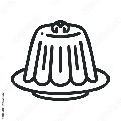 Line icon representing a delicious molded dessert such as flan or pudding served on a small plate, ideal for culinary themes and cooking related applications