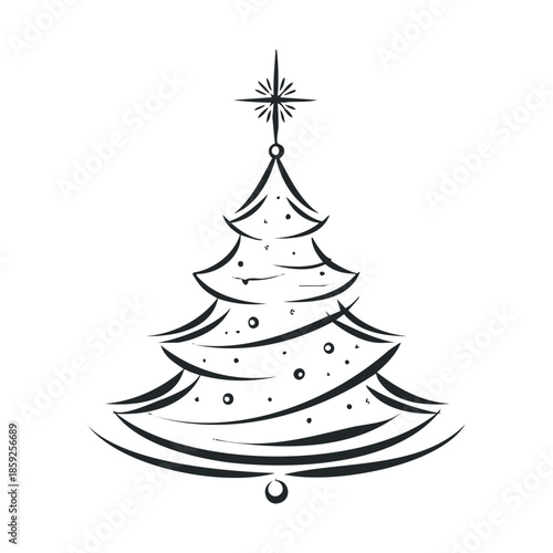 Stylized festive Christmas tree outline drawing with a shining star on top perfect for holiday greeting decorations, seasonal event invitations, and winter celebration branding.