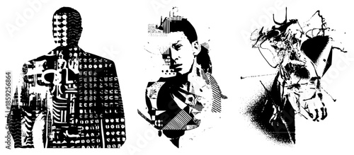 Three stylized human figures with abstract geometric