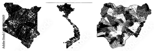 Three African countries vector maps with distinct dot and