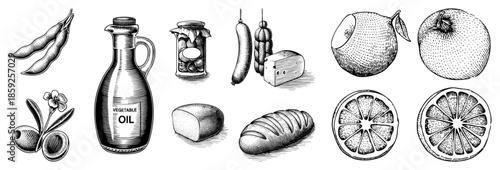Food ingredients set vintage engraved style