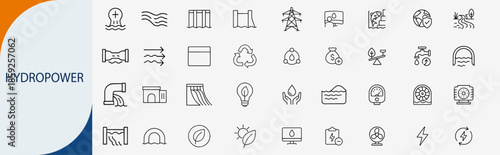 hydropower, icons, energy, water, dam, renewable, electricity, ecology, vector, power