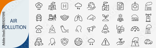 Air pollution and environmental smog line icon set, thin vector icons