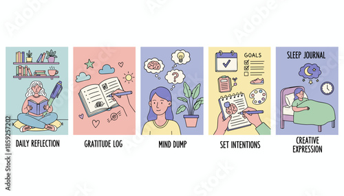Selfcare routine illustration showing journaling for gratitude goals and mental clarity