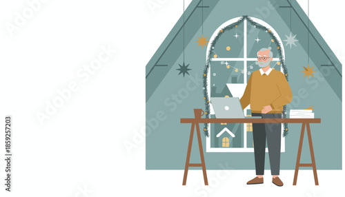 Senior man uses laptop in a cozy festive attic office decorated for Christmas remote work concept