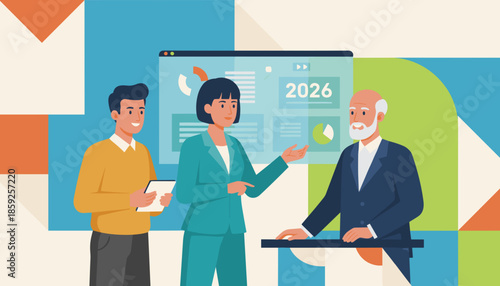 Diverse business team planning 2026 strategy analyzing financial charts and data projections in a professional meeting