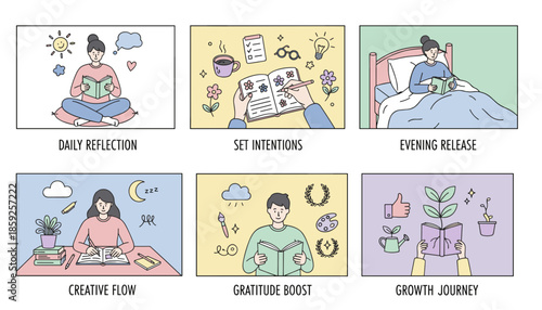 Illustrated daily mental wellness habits journaling reading reflection and personal growth concepts
