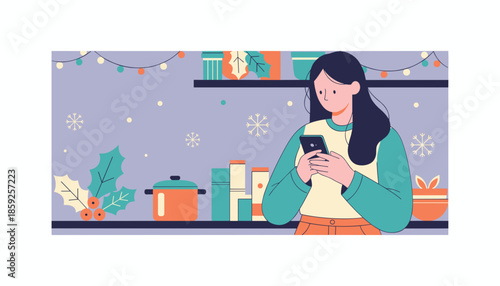 Young woman textsshops on her phone in a cozy decorated home during the winter holidays