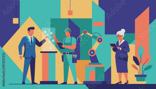 Industry 40 team executive engineer and manager analyzing data with robotic arm automation