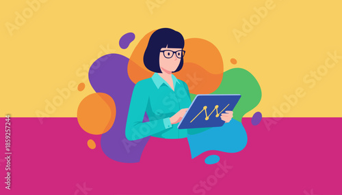 Professional woman analyzing business data and financial growth visualization on a digital tablet against a vibrant abstract background