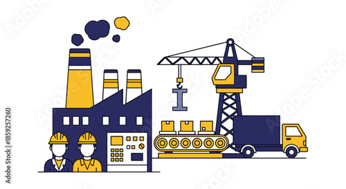 Factory production and logistics process with construction crane conveyor truck and industrial workers