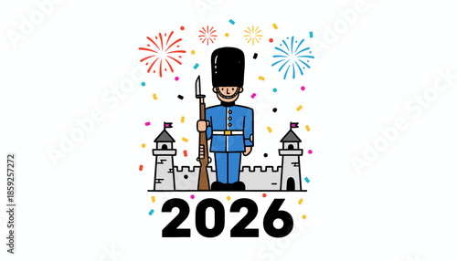 Royal Guard cartoon celebrating 2026 New Year fortress colorful confetti and fireworks doodle