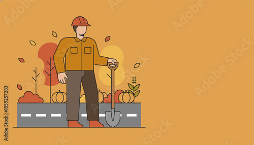 Fall work illustration Builderengineer with hard hat and shovel next to pumpkins and autumn foliage on a road