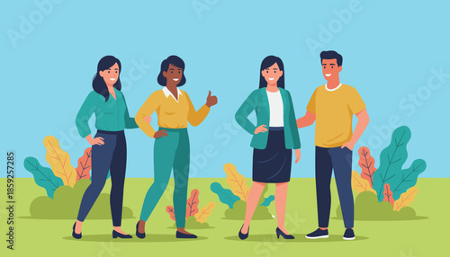 Diverse group of colleagues standing proudly in a park symbolizing successful partnership and unity