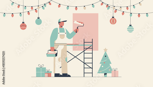 Painter renovating a wall during the holiday season surrounded by Christmas lights and gifts Home decor DIY