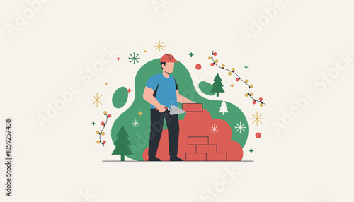 Construction worker builds a brick wall amidst Christmas decorations and trees Holiday industry illustration