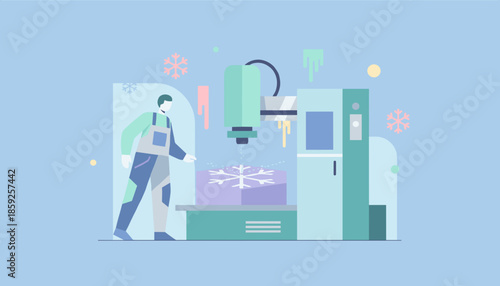 Industrial worker uses precision machinery to manufacture a snowflake representing cold chain or specialized production