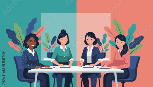 Four diverse businesswomen collaborate at a conference table smiling and working in a modern plantfilled office setting