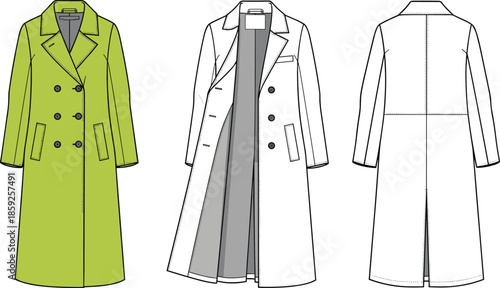 Technical fashion sketch of a women's double breasted trench coat featuring wide lapels and long length for apparel manufacturing and design
