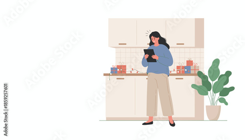A worried woman uses a tablet for holiday shopping or planning in a decorated modern kitchen