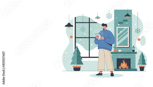 Man relaxing indoors by the fireplace with a tablet during winter cozy holidays at home lifestyle concept