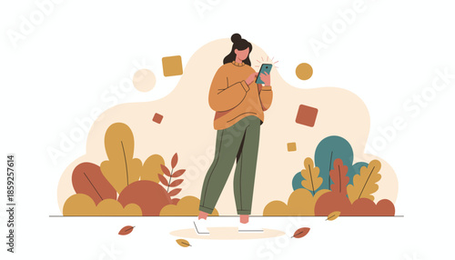Woman texting on a phone in an abstract autumn setting Digital communication and modern lifestyle illustration