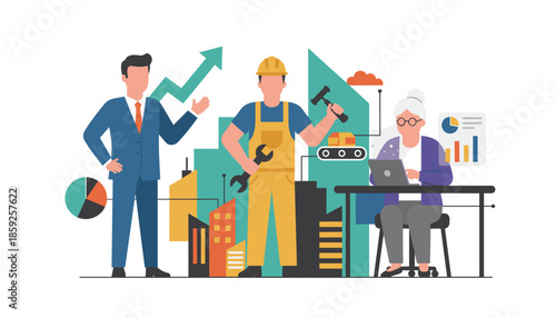 Professionals from business industry and finance collaborate for economic growth and development