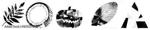 Five black and white vector leaf, tree ring, jack o lantern, butterfly wing, geometric shapes